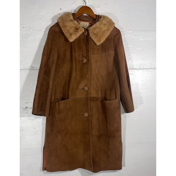 Vintage Brown Suede Coat with Fur Collar Mid Century 1950s Retro Classic - Picture 2 of 11